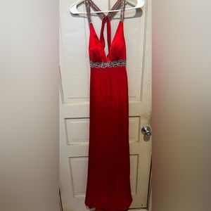Long red prom dress with train